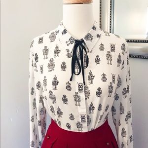 Robot Print Blouse w/ Neck Tie